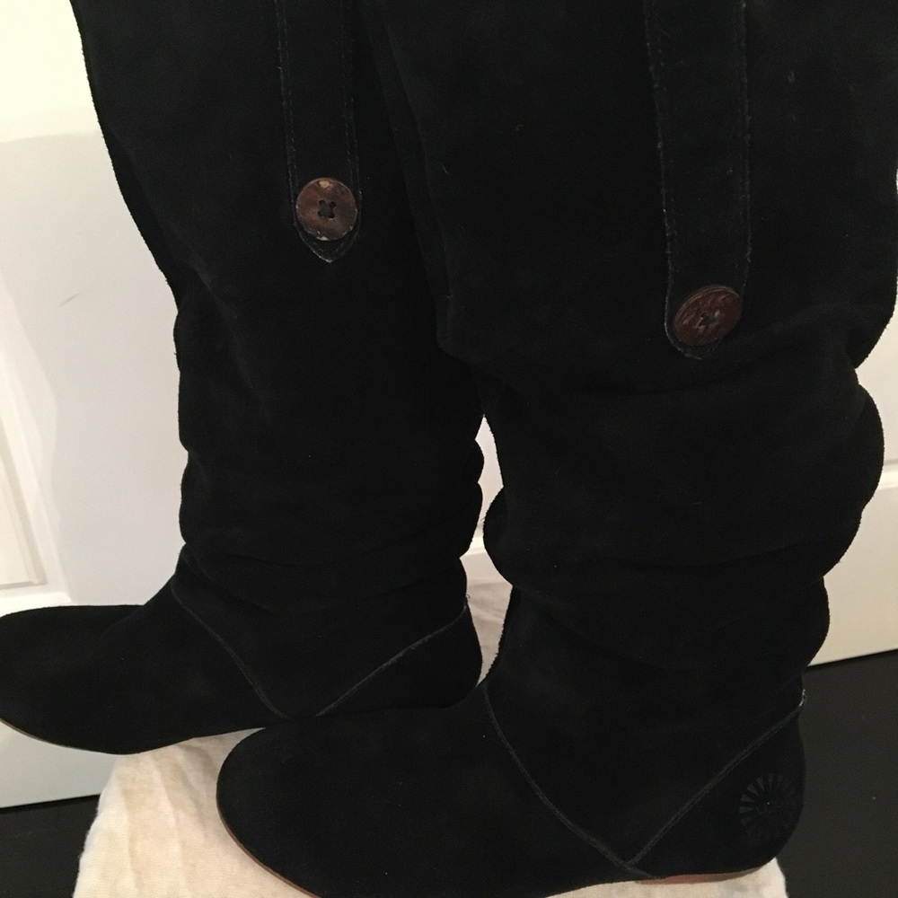 Ugg 7.5 Black Suede Leather Slouchie Flat Tall Snap Boots Pull On